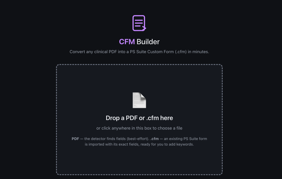 CFM Builder upload screen with a drag-and-drop area for a PDF or .cfm file