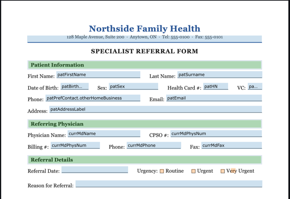 Detected form fields overlaid on a referral form, each labelled with its PS Suite key