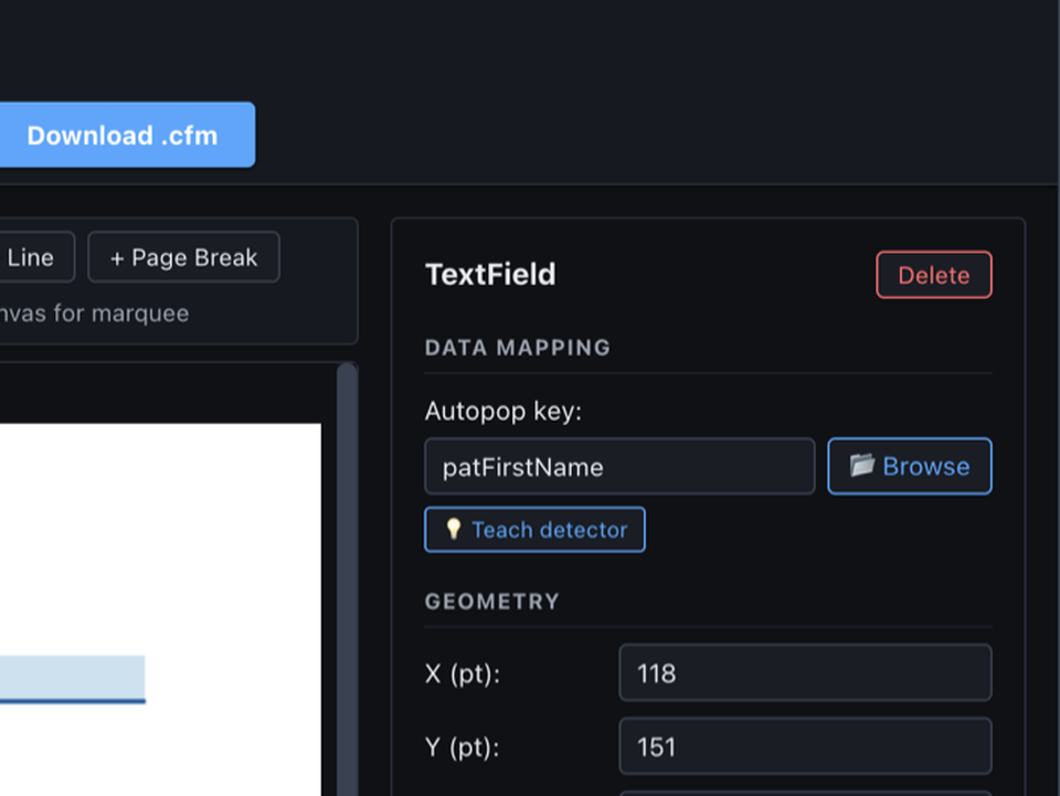 Field properties panel showing a field mapped to the PS Suite autopop key patFirstName